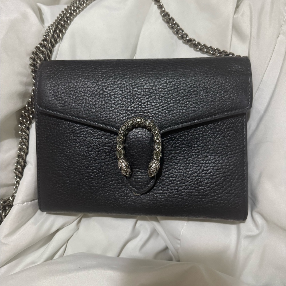 Gucci Black Leather Clutch with Silver Chain